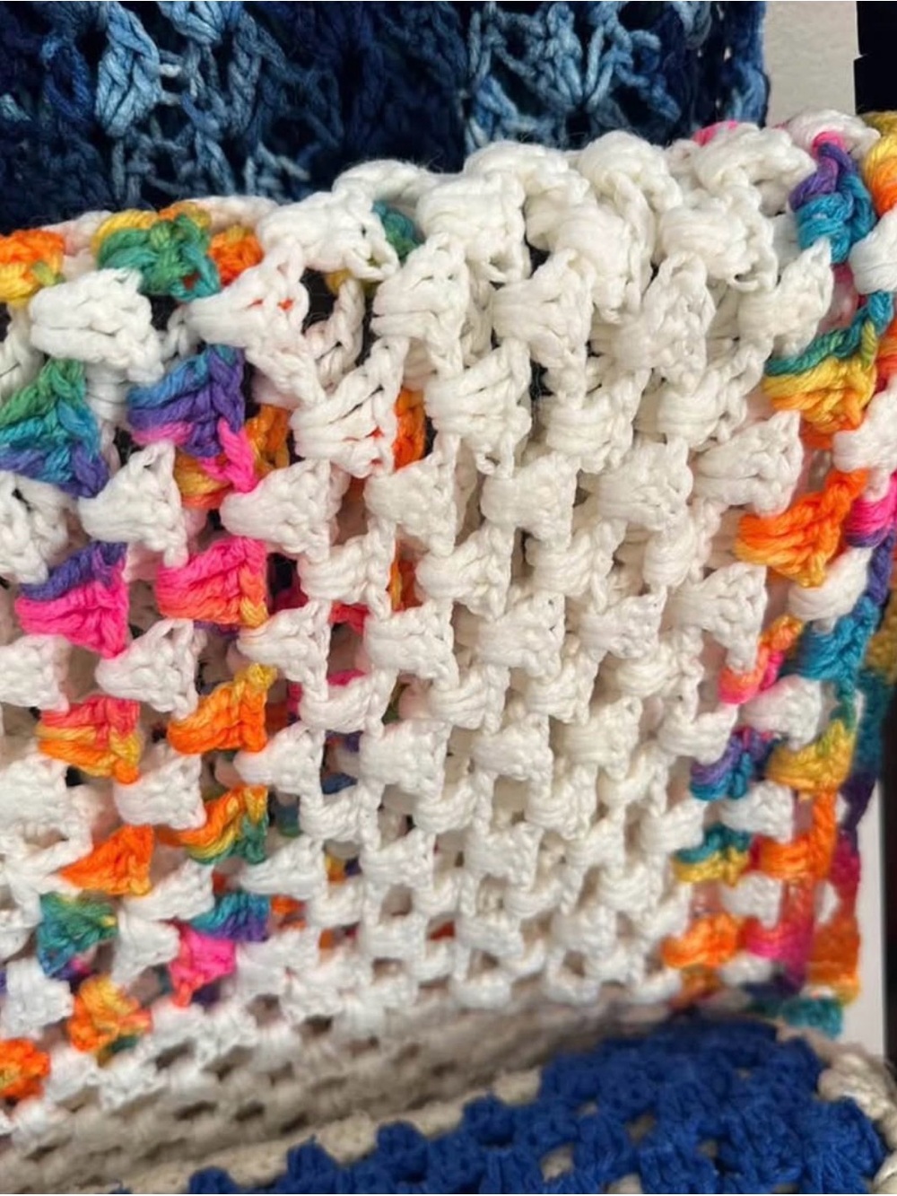 Vintage Handmade Crochet Granny cottage core Throw/Afghan - White w Neon Accents